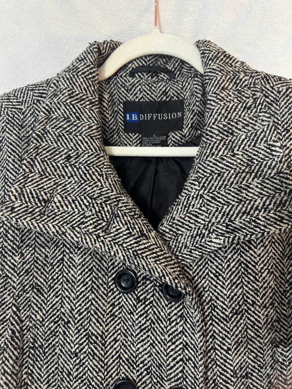 I.B Diffusion Women’s Vintage Black & White Herringbone Wool-Blend Peacoat-Large - Picture 5 of 12